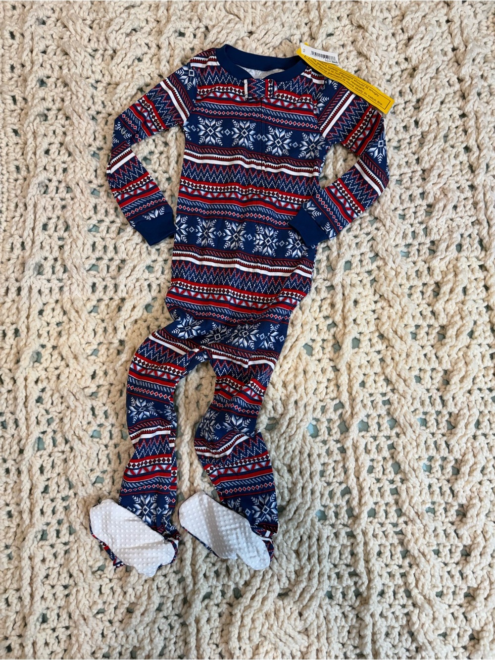 Amazon Essentials Navy and Red Fair Isle Footed One-Piece Pajamas